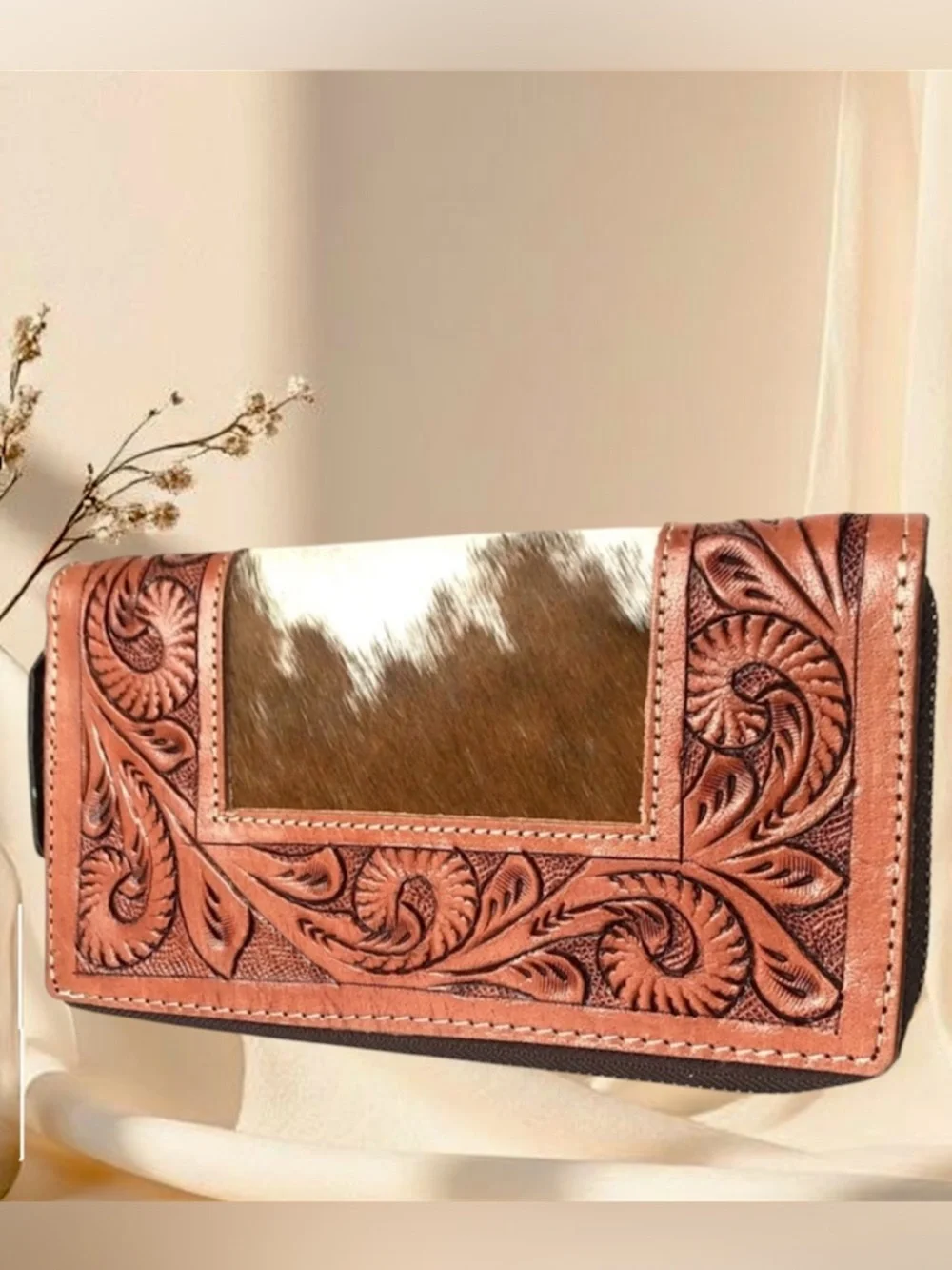 Hand-Tooled Leather & Cowhide Wallet - Brown